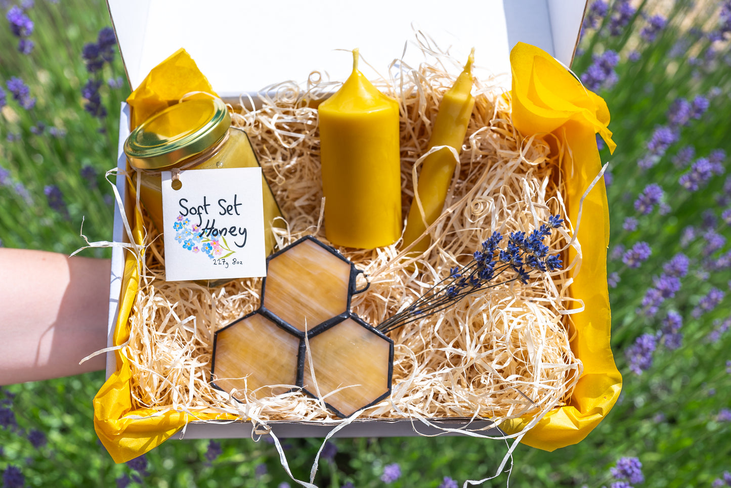Gift box - Honey, beeswax candles, handmade stained glass honeycomb suncatcher
